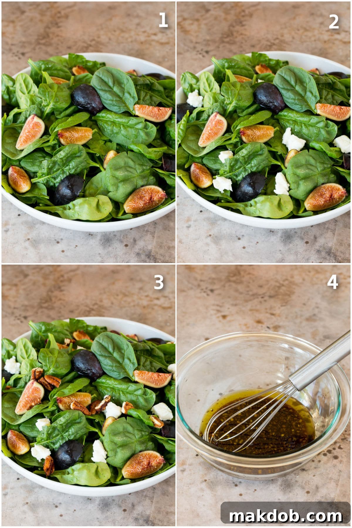 A visual guide to preparing a fig and spinach salad, showing the assembly of ingredients and the final dressing pour.
