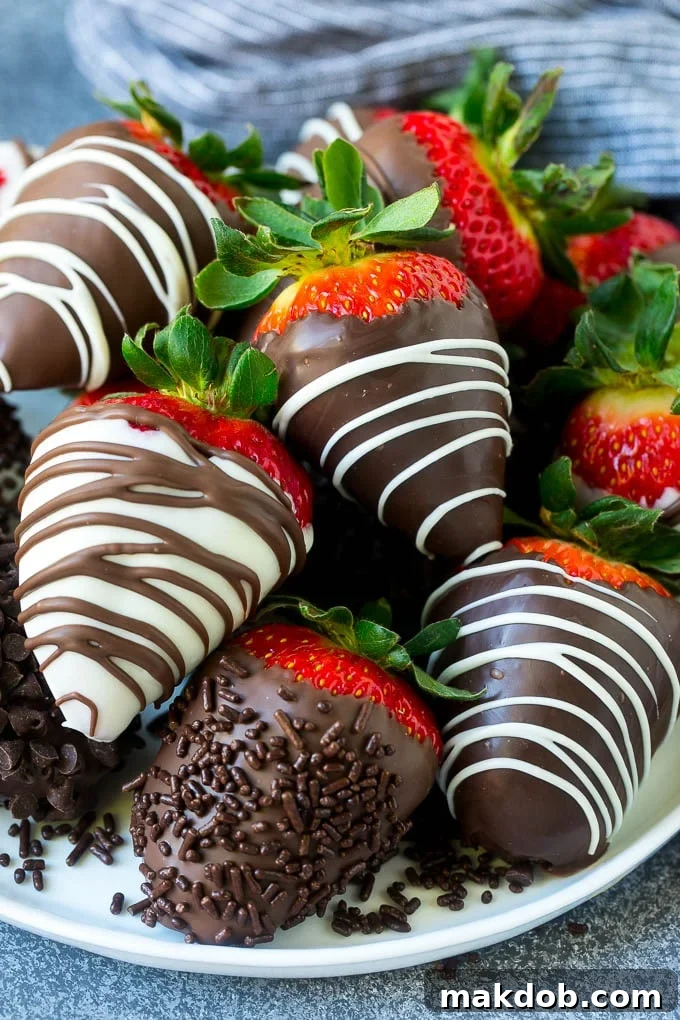 Chocolate Covered Strawberries Recipe | Chocolate Dipped Strawberries | Strawberry Dessert #chocolate #strawberry #glutenfree #dessert #dinneratthezoo A plate of chocolate covered strawberries dipped in white and dark chocolate.