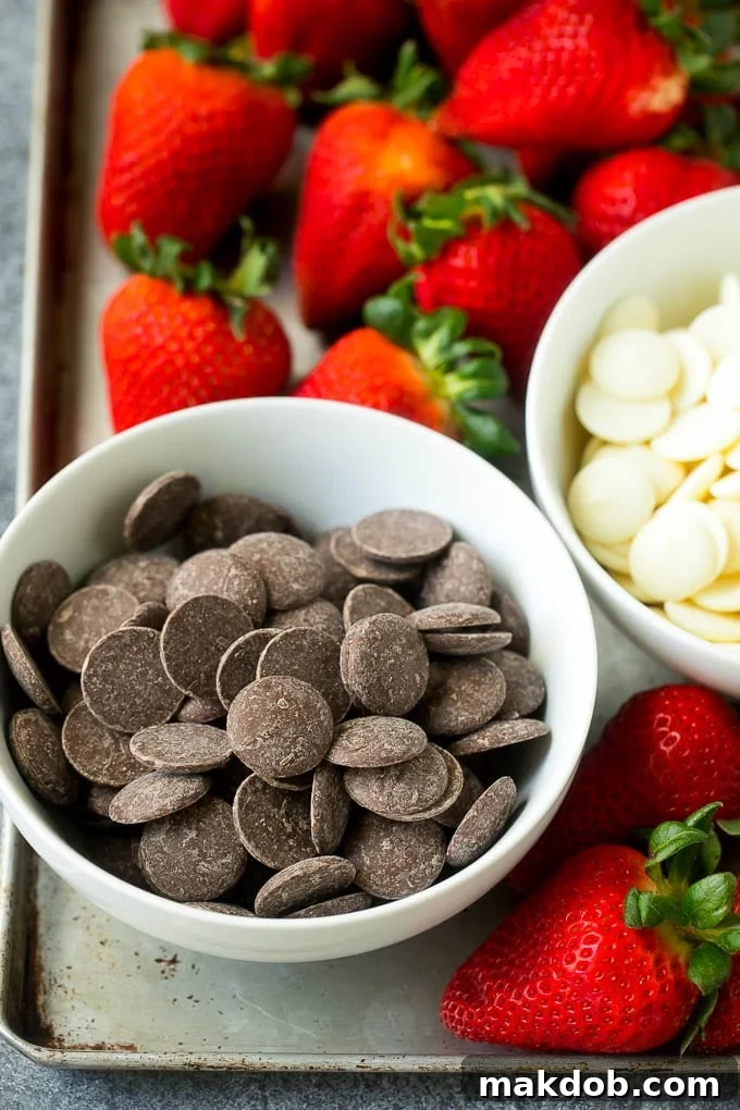 Chocolate Strawberry Indulgence 3 Bowls of dark and white chocolate candy melts surrounded by strawberries.
