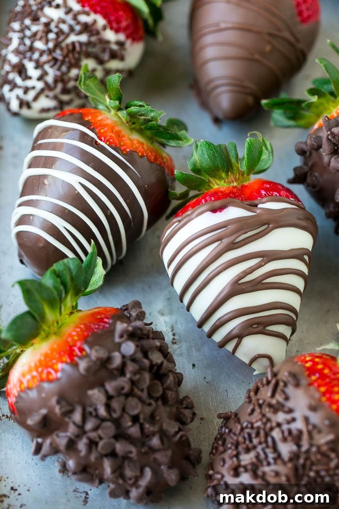 Chocolate Strawberry Indulgence 5 Chocolate dipped strawberries topped with chocolate chips and drizzled chocolate.