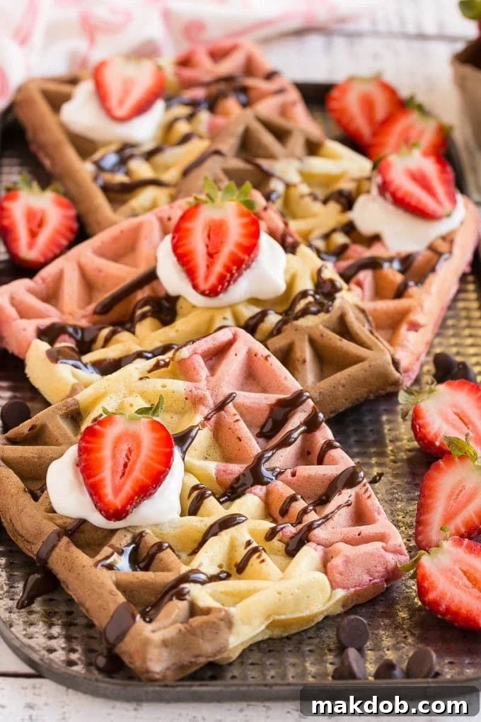Neapolitan waffles drizzled with chocolate sauce, a delicious blend of chocolate, strawberry, and vanilla flavors.