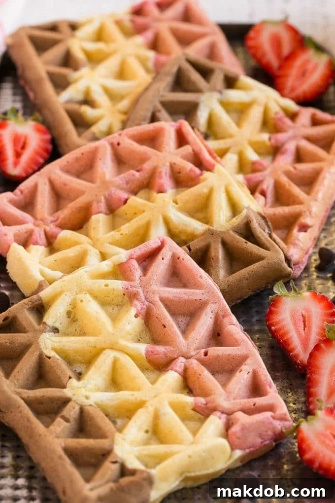 Tri-colored waffle batter arranged in stripes on a baking sheet, showcasing strawberry, vanilla, and chocolate sections.