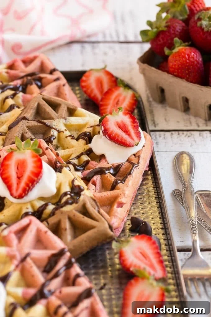 Strawberry chocolate vanilla waffles topped with whipped cream and fresh berries, a delightful neapolitan breakfast.