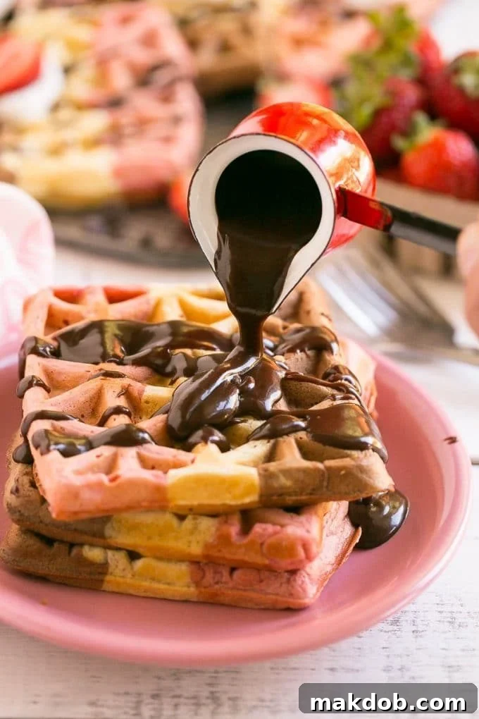Rich fudge sauce poured over a stack of warm Neapolitan waffles, a decadent breakfast or dessert idea.