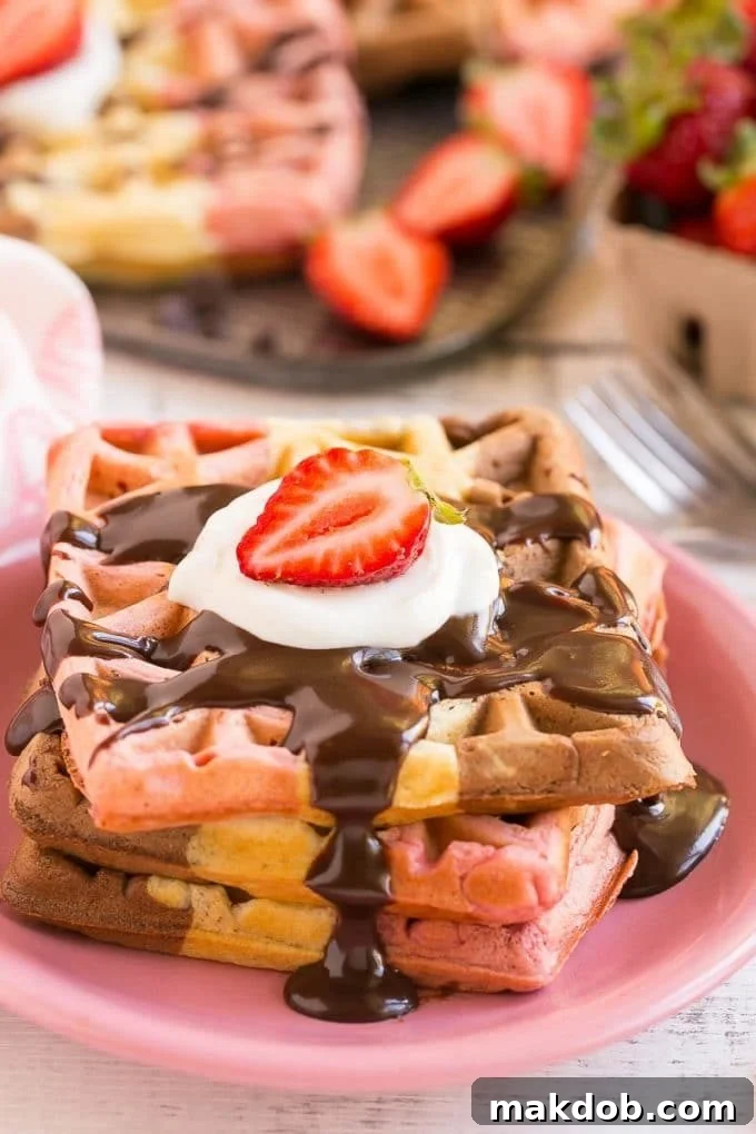 A stack of beautifully striped Neapolitan waffles, garnished with chocolate sauce and fresh berries, ready to be enjoyed.