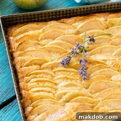 A delicious recipe for a buttery cake generously filled with fresh apples and warm cinnamon, beautifully finished with a delicate touch of honey.