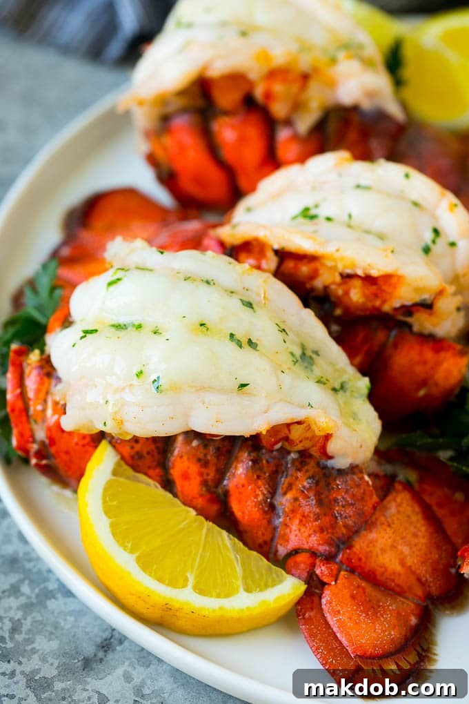 Garlic Butter Broiled Lobster Tails Recipe | Easy Homemade Lobster | Seafood Dinner Idea Beautifully broiled lobster tails topped with melted garlic butter and fresh parsley, presented as a gourmet main dish.