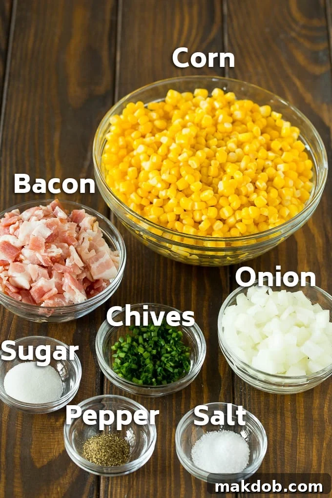 Savory Bacon Corn Skillet 3 Bowls of corn, bacon, herbs and seasonings.