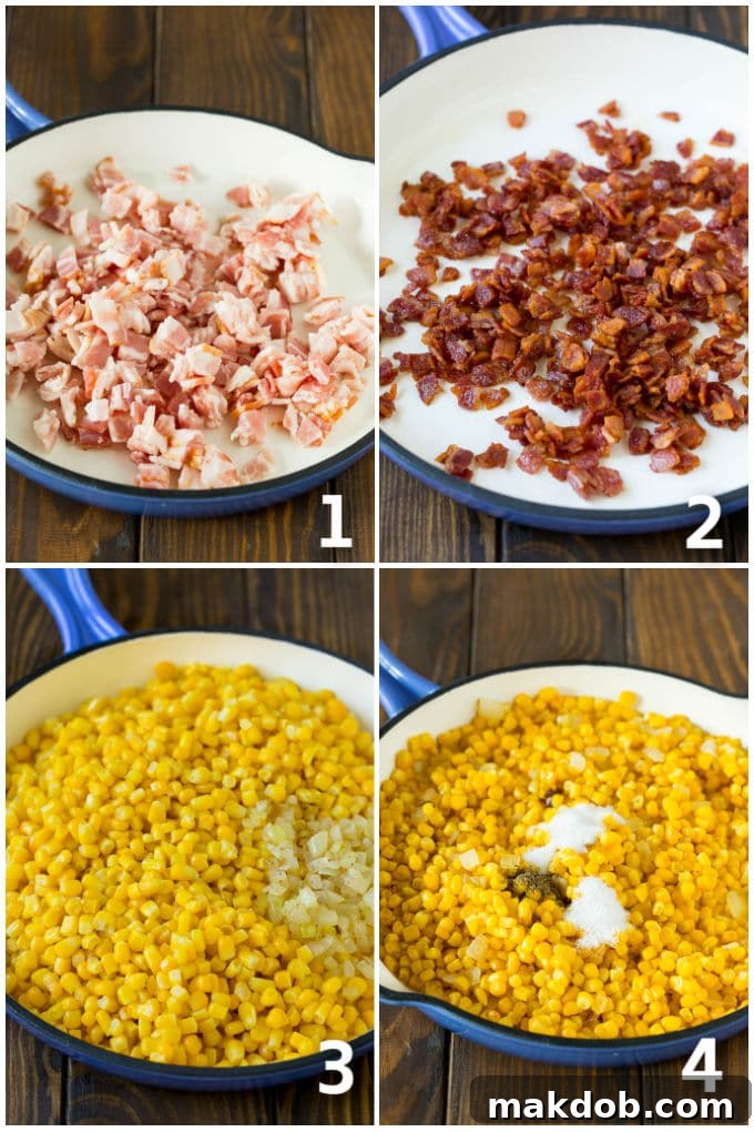 Bacon Fried Corn Recipe | Sauteed Corn | Corn Side Dish #corn #bacon #sidedish #glutenfree #dinner #dinneratthezoo Step by step process shots of corn and bacon being cooked.