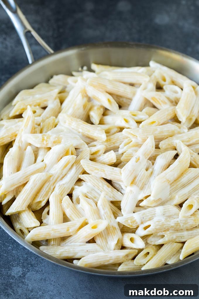 Penne pasta tossed in a creamy sauce.