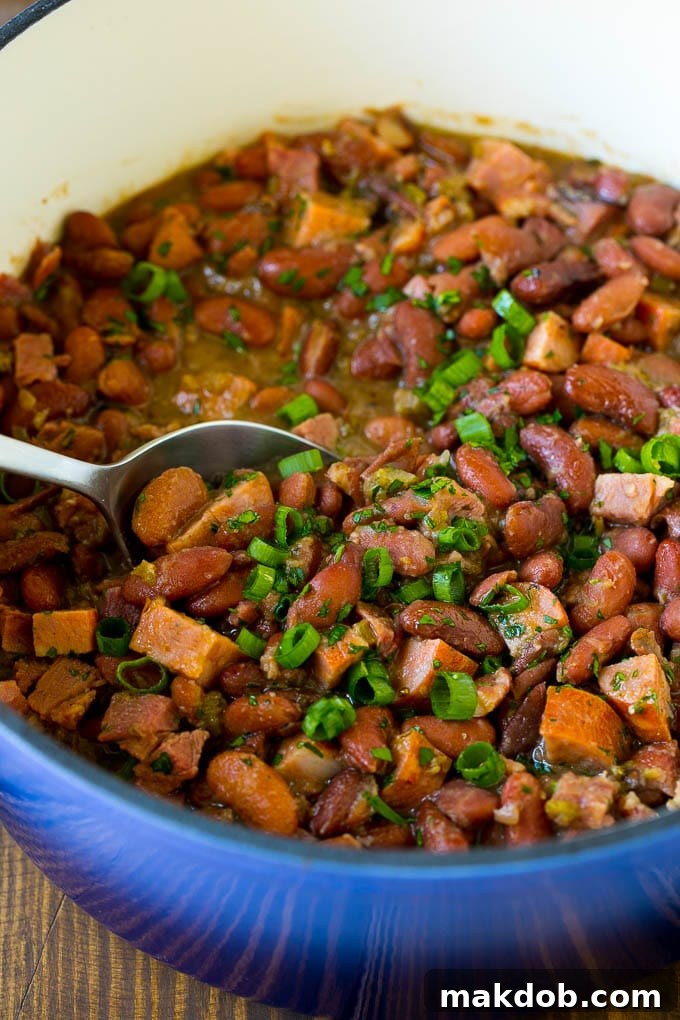 Red Beans and Rice Recipe | Red Beans and Sausage | Cajun Red Beans #beans #rice #sausage #ham #cajun #dinner #dinneratthezoo A pot of red beans and rice with sausage, topped with fresh herbs.