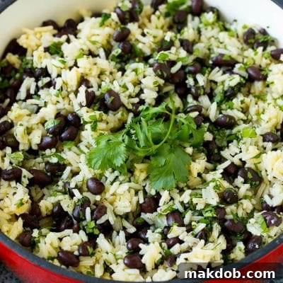 Savory Black Beans and Rice 2 Black beans and rice in a pot topped with cilantro sprigs.
