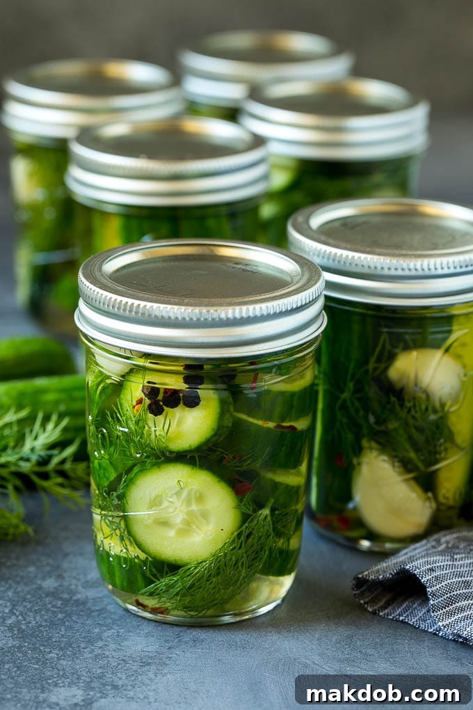 Refrigerator pickles with cucumbers in a homemade brine.