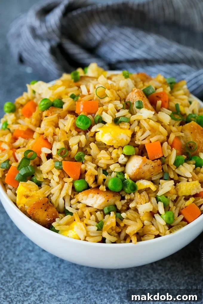 A beautifully presented bowl of chicken fried rice, generously topped with freshly sliced green onions, ready to be enjoyed.