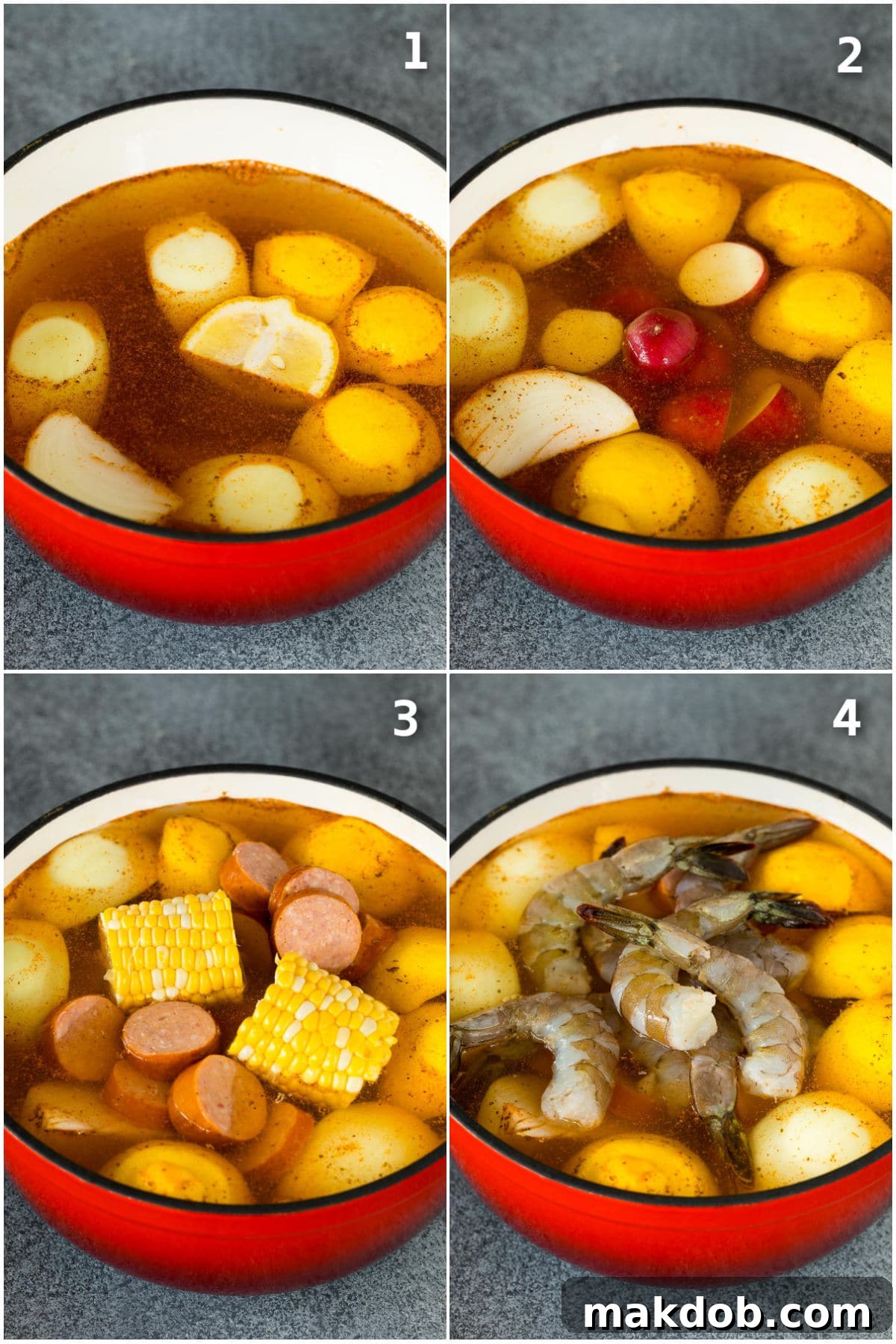 Ultimate Backyard Shrimp Boil 4 Step by step process shots showing vegetables and shrimp going into a large pot of boiling liquid for a shrimp boil.