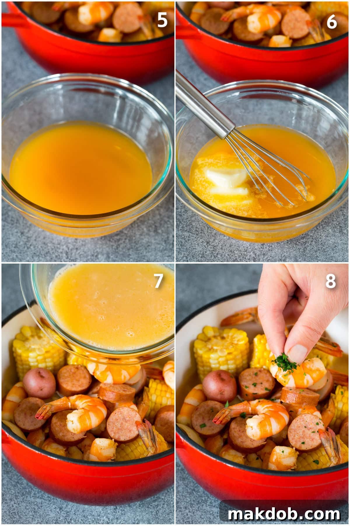 Ultimate Backyard Shrimp Boil 5 Process photos showing reserved broth mixed with butter and poured over a fresh shrimp boil.