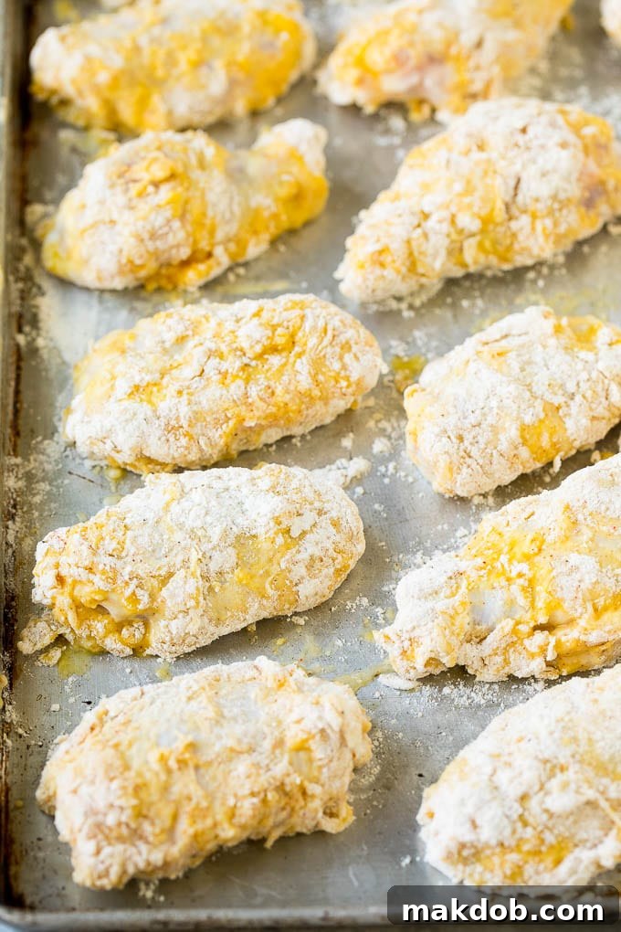 Coated Chicken Wings for Frying Raw chicken wings being coated in egg wash and seasoned flour, ready for deep frying.