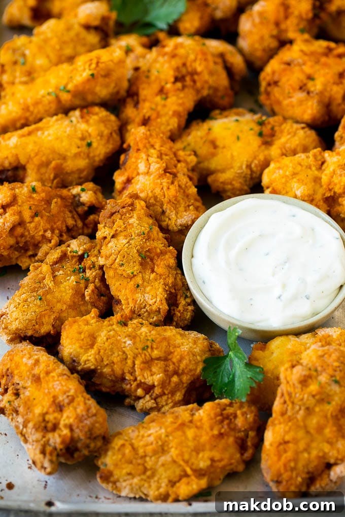 Fried Chicken Wings Ready to Serve Platter of golden fried chicken wings, garnished with fresh parsley and served with a ramekin of ranch dip.