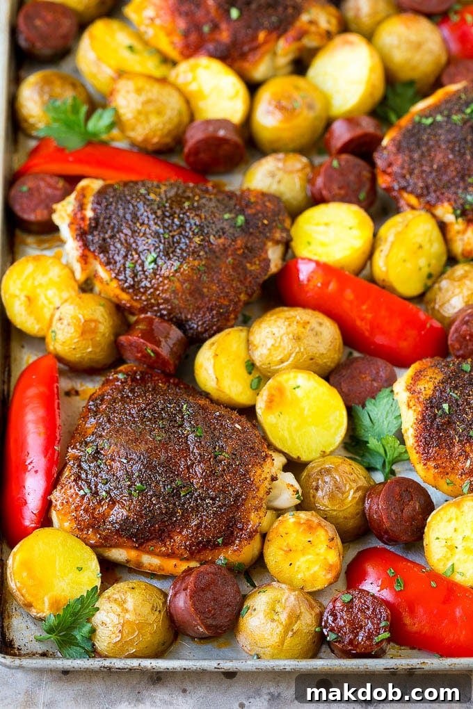 Rustic Spanish Chicken and Potatoes 5 A vibrant sheet pan of roasted Spanish chicken, chorizo, potatoes, and bell peppers, perfectly cooked and ready to serve.