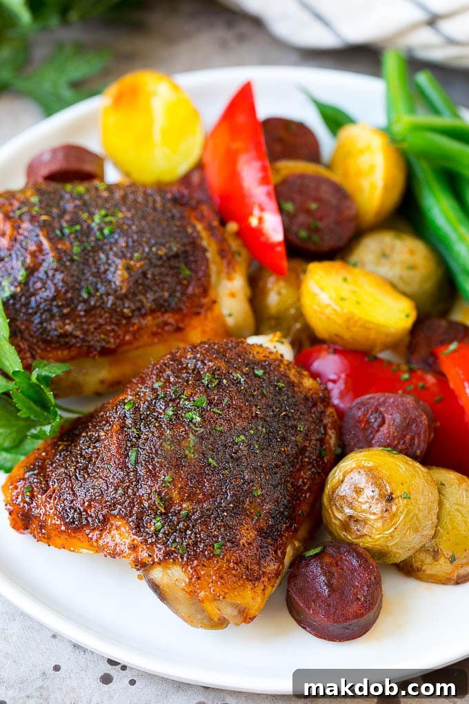 Rustic Spanish Chicken and Potatoes 6 A beautifully plated serving of Spanish chicken, featuring roasted thighs, chorizo, potatoes, and colorful bell peppers, garnished with fresh parsley.