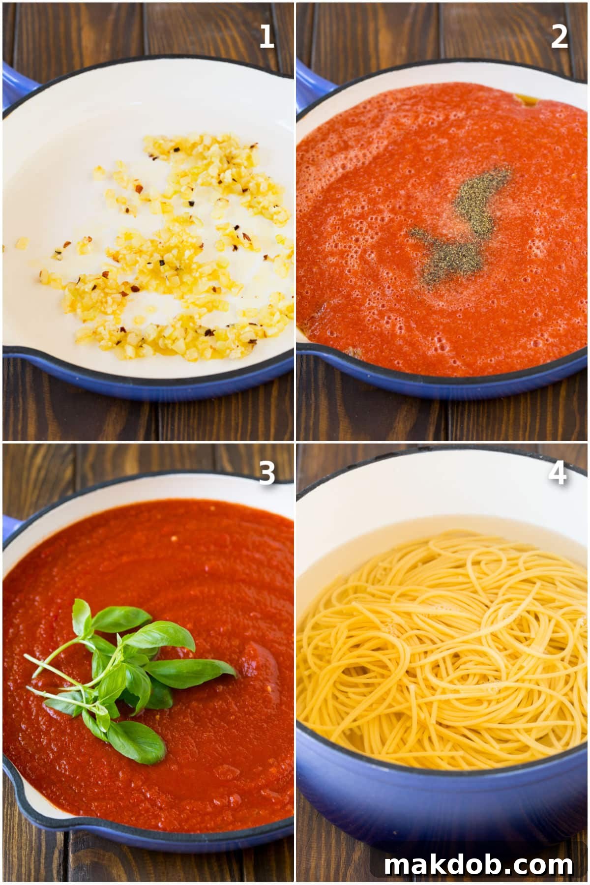 Simply Perfect Pasta Pomodoro 4 Process shots showing tomato sauce being made and pasta in a pot.