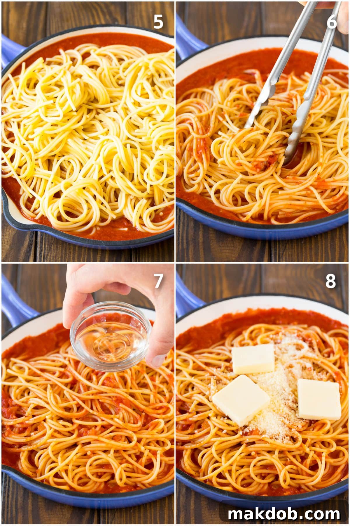 Simply Perfect Pasta Pomodoro 5 Process shots showing pasta being tossed in sauce and seasoned with butter and parmesan.