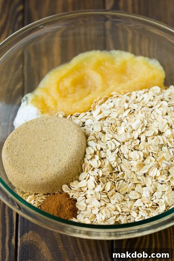 Baked Oatmeal Recipe | Meal Prep | Healthy Oatmeal #oatmeal #casserole #breakfast #brunch #dinneratthezoo #mealprep Oatmeal, applesauce, brown sugar and cinnamon in a mixing bowl.
