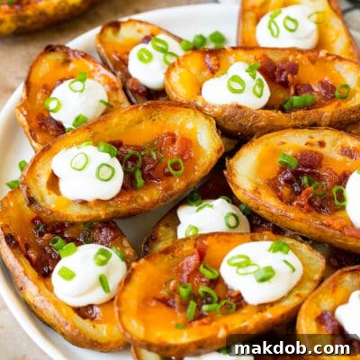 Ultimate Loaded Potato Skins 5 A serving plate of potato skins topped with bacon and sour cream.