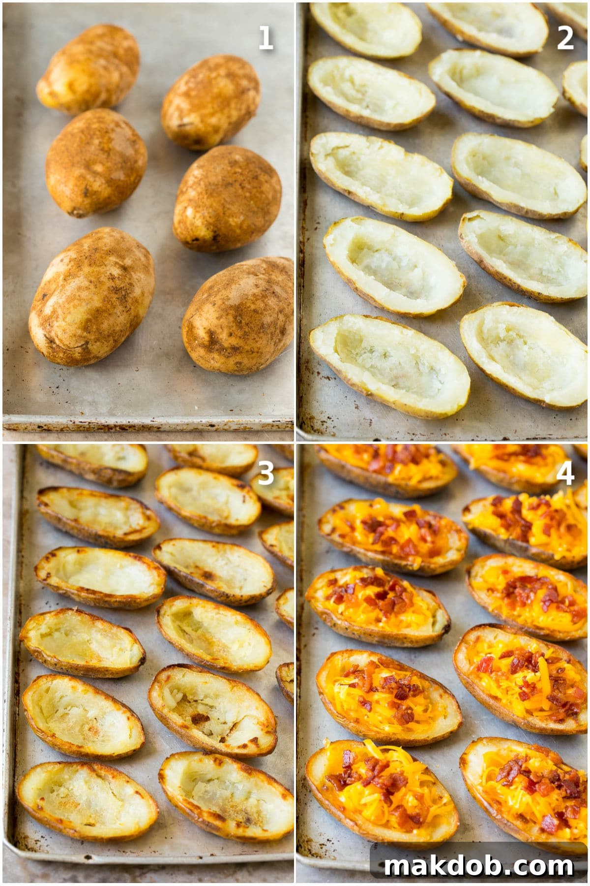 How to make Loaded Potato Skins - Step by Step Guide Step-by-step photographic collage illustrating the process of baking and filling potatoes, from whole potatoes to perfectly loaded skins.