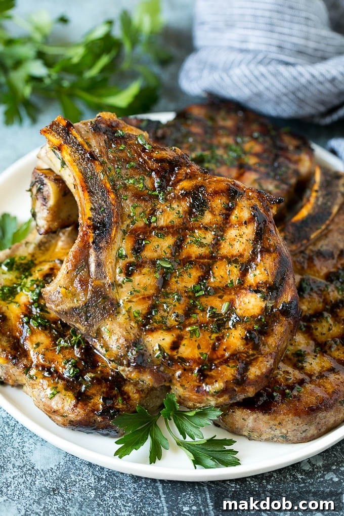 Grilled Pork Chops | Pork Chop Marinade #porkchops #grilling #pork #marinade #dinner #dinneratthezoo Grilled pork chops coated in a rich marinade, cooked to golden perfection and garnished with fresh parsley.