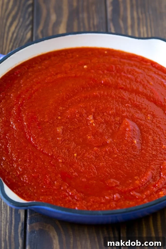 Homemade tomato sauce in a skillet.