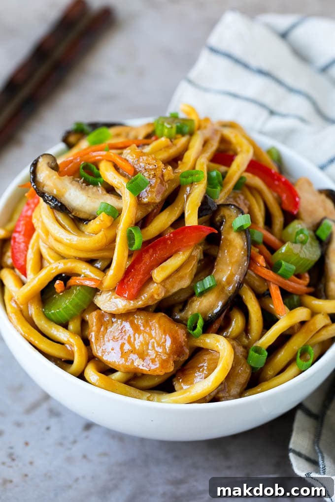A bowl of stir fry noodles with chicken and vegetables.