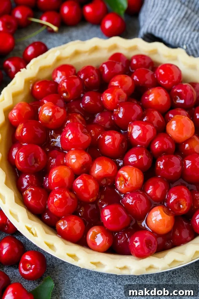 Homemade Cherry Pie Filling Recipe #pie #cherries #dessert #sweets #dinneratthezoo #summer Cherry pie filling inside of an unbaked pie crust, showcasing its vibrant color and luscious texture.