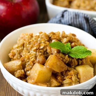 A bowl of apple crisp garnished with a sprig of mint.
