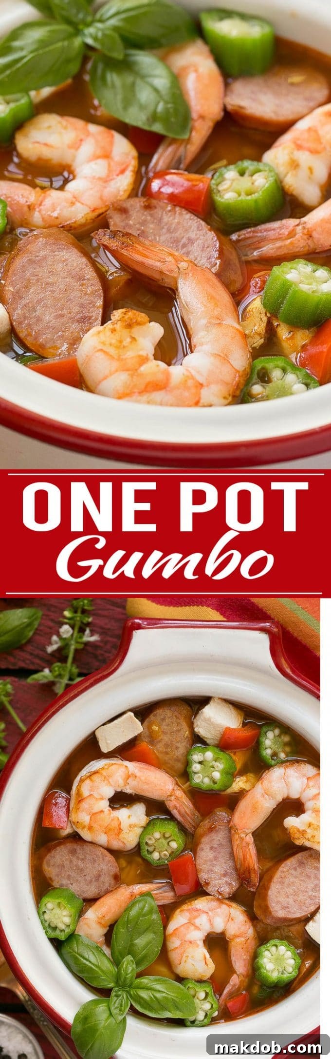 Single Skillet Surf & Turf Gumbo 3 One Pot Chicken and Shrimp Gumbo Recipe | Easy Chicken and Shrimp Gumbo | One Pot Chicken and Shrimp Gumbo | Best Chicken and Shrimp Gumbo | Best Chicken and Shrimp Gumbo | Best One Pot Gumbo | Easy One Pot Gumbo - A visually appealing pin graphic for the recipe.
