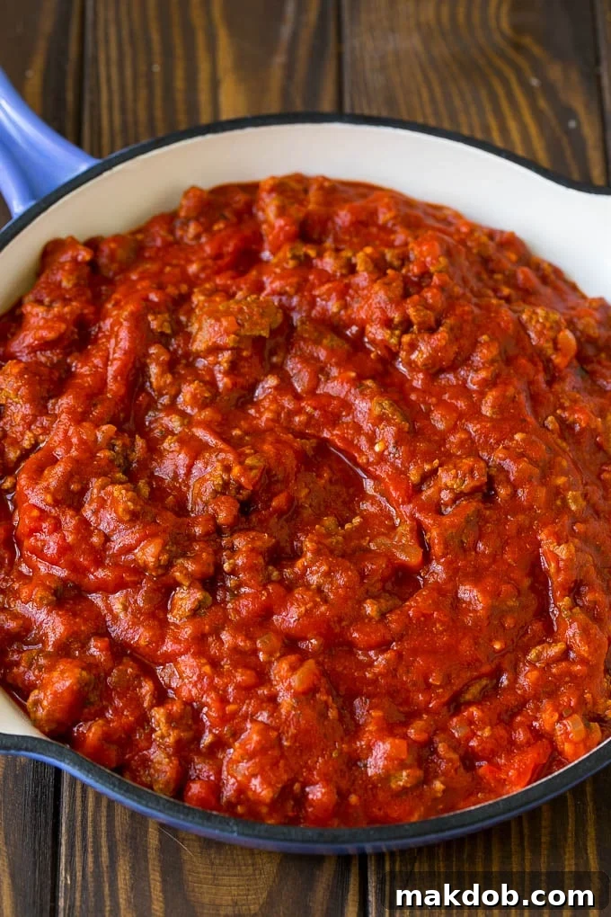 Homemade meat sauce in a pan.