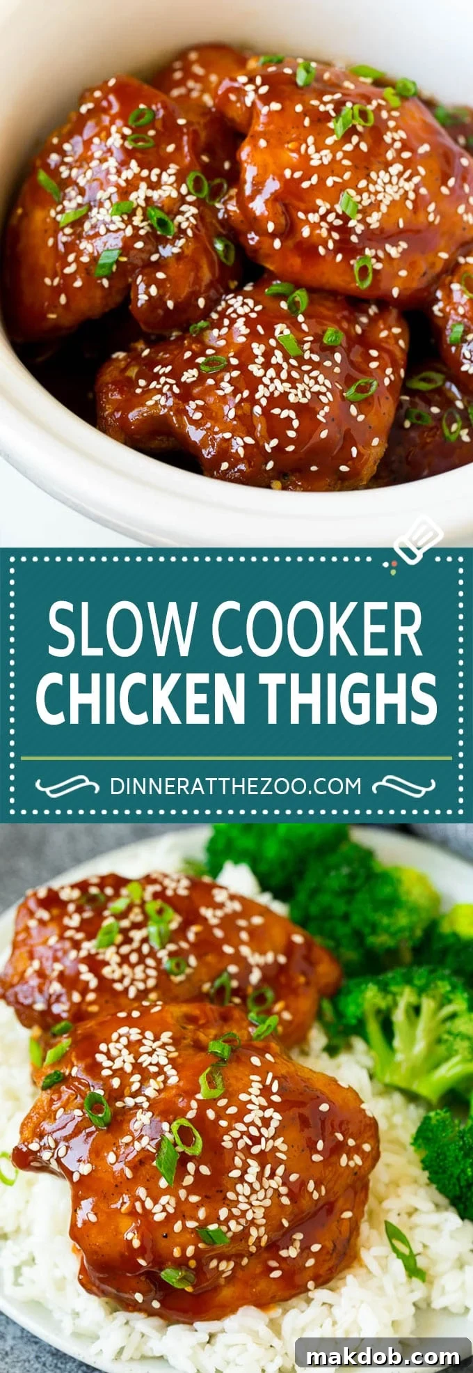 Two long, vertical images showcasing slow cooker chicken thighs with honey garlic sauce, garnished with sesame seeds and green onions.