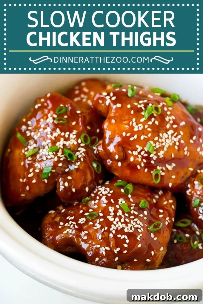 A close-up, shorter horizontal image of slow cooker honey garlic chicken thighs, beautifully plated.