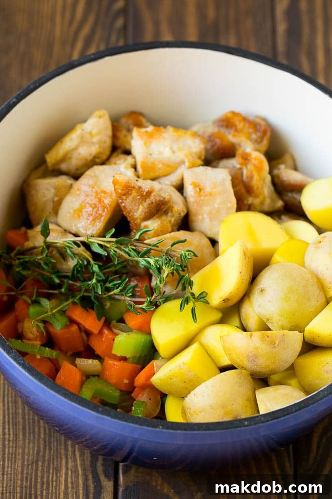 Chicken Stew Recipe | Chicken and Vegetable Soup #stew #soup #chicken #potatoes #comfortfood #dinner #dinneratthezoo Seared chicken, vegetables and potatoes in a soup pot.