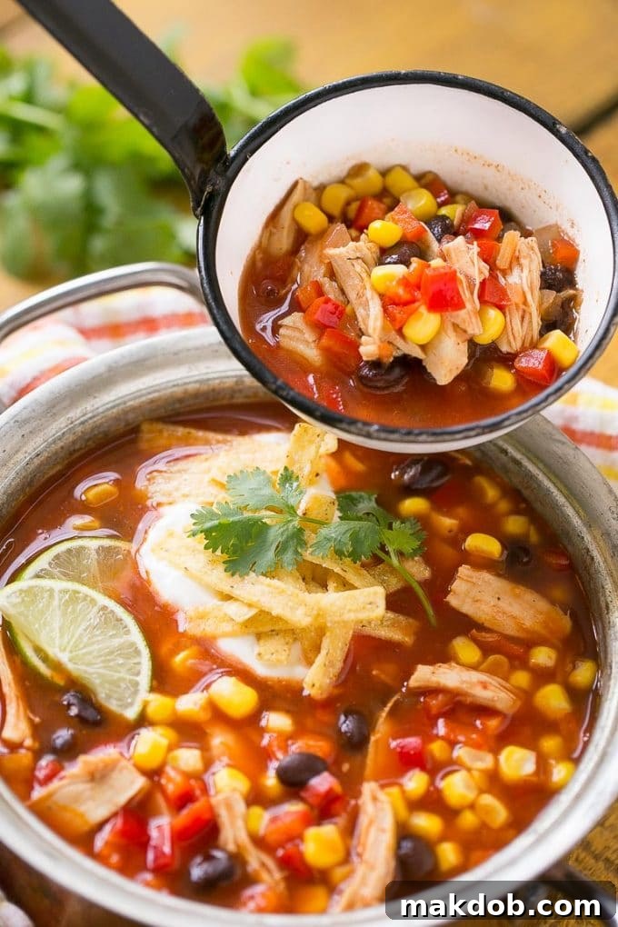A ladle lifts a hearty serving of chicken taco soup, showcasing a rich blend of tomatoes, chicken, black beans, and sweet corn, ready to be enjoyed.