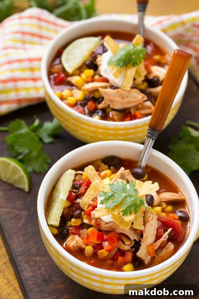 Two vibrant bowls of chicken taco soup, beautifully garnished with crispy tortilla strips, fresh cilantro, and bright lime wedges, ready to serve.