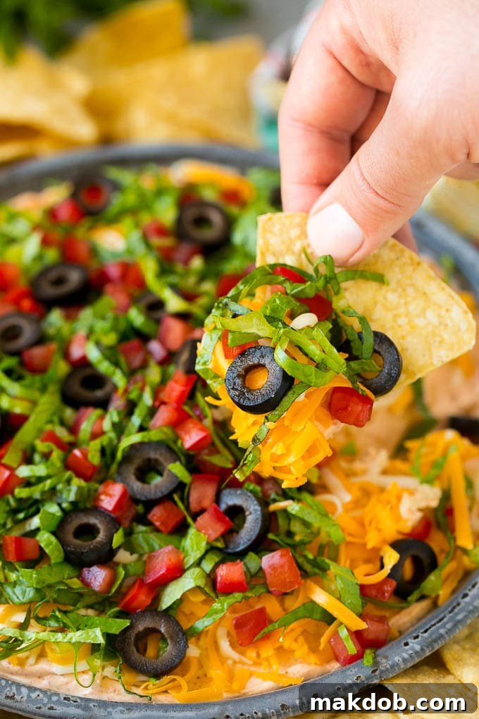 A hand holding a tortilla chip that's topped with taco dip.