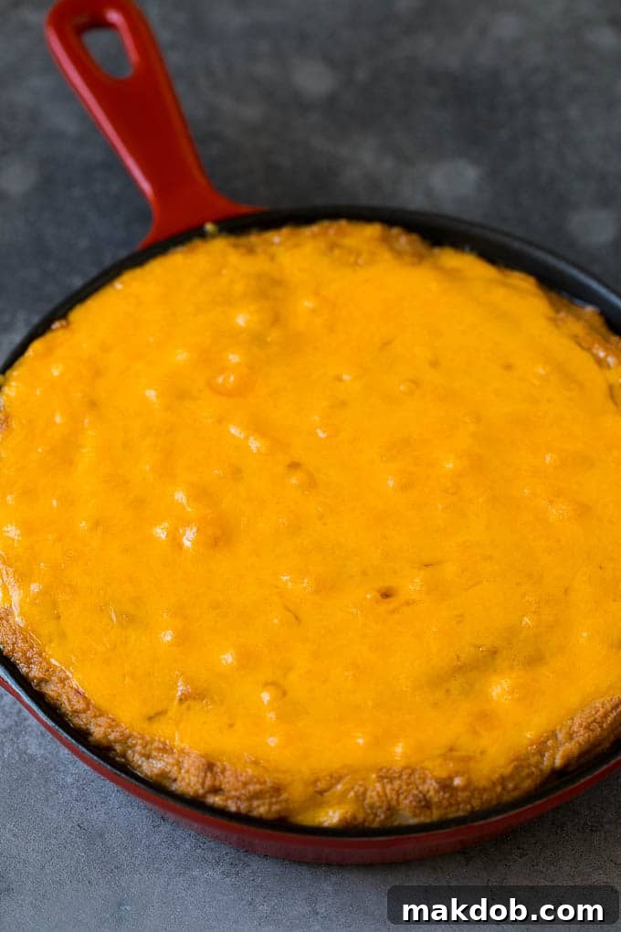 Bean Dip Recipe | Mexican Dip #dip #appetizer #mexicanfood #beans #cheese #dinneratthezoo Close-up of baked refried bean dip, showcasing the perfectly melted, golden-brown cheddar cheese topping, bubbly and inviting.