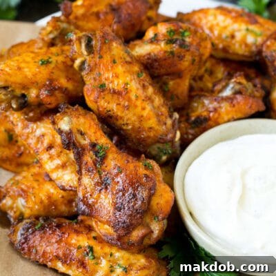 A plate of baked chicken wings served with ranch dip.