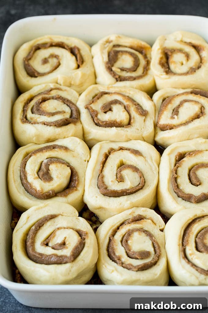 Sticky Buns Recipe | Sweet Rolls | Cinnamon Rolls #breakfast #brunch #cinnamon #pecans #dinneratthezoo #bread Cinnamon swirl dough in a baking dish.
