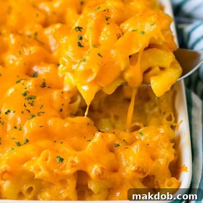 A spoon serving up a portion of Southern mac and cheese.