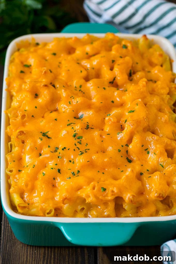 Southern mac and cheese topped with melted cheddar and fresh parsley, ready to be served.