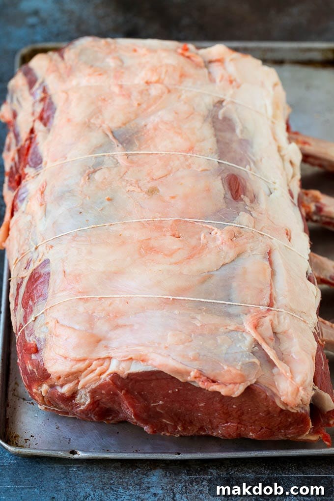Prime Rib Recipe #primerib #beef #roast #dinner #thanksgiving #christmas #keto #lowcarb #dinneratthezoo A tied standing rib roast on a sheet pan.