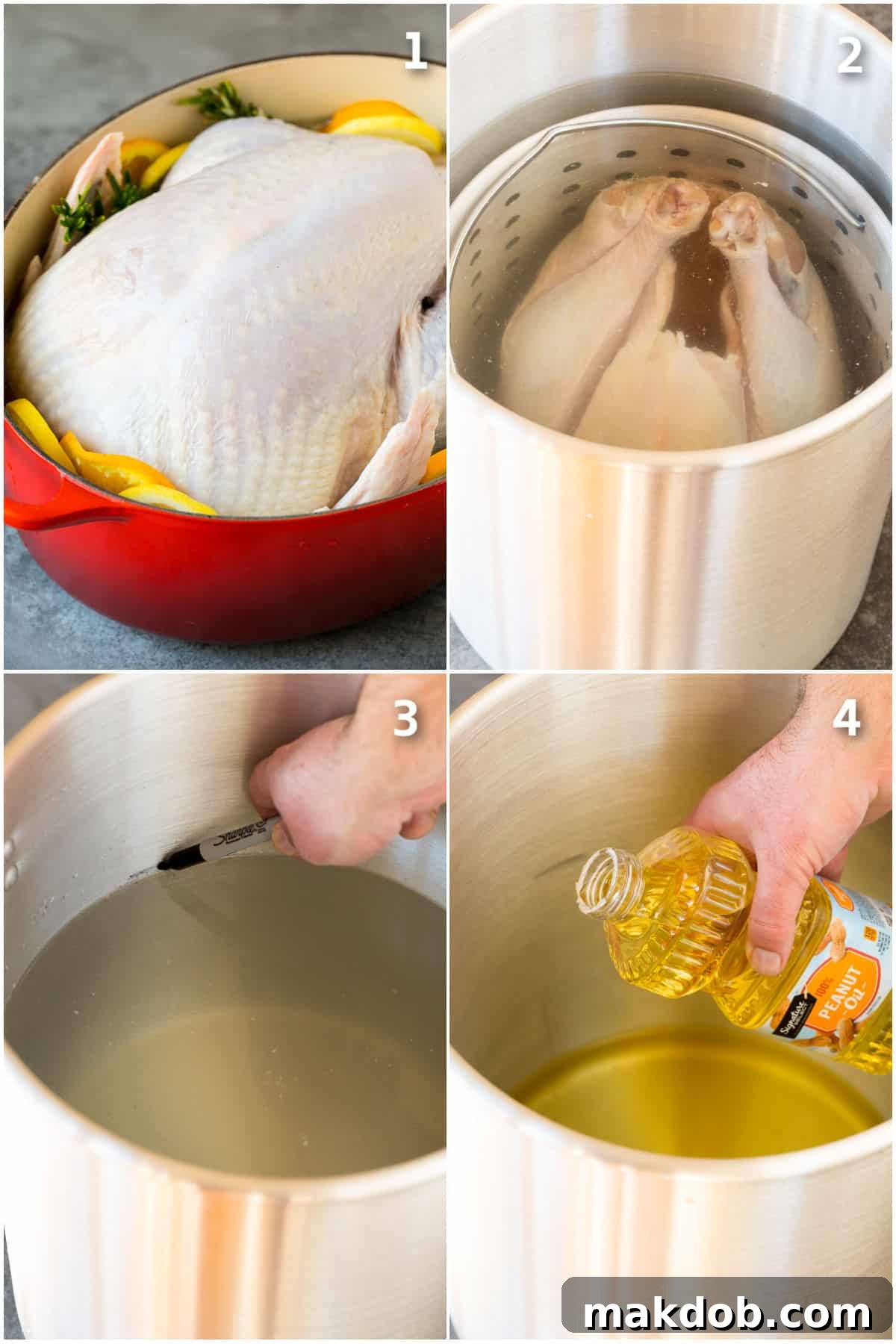A collage showing step-by-step preparation of a turkey fryer, from measuring oil with water to setting up the burner.