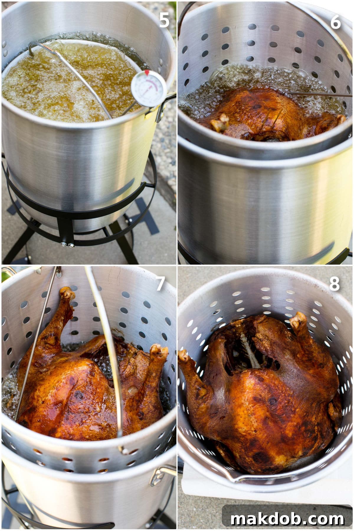 A series of process shots showing the safe lowering of a turkey into a deep fryer outdoors.